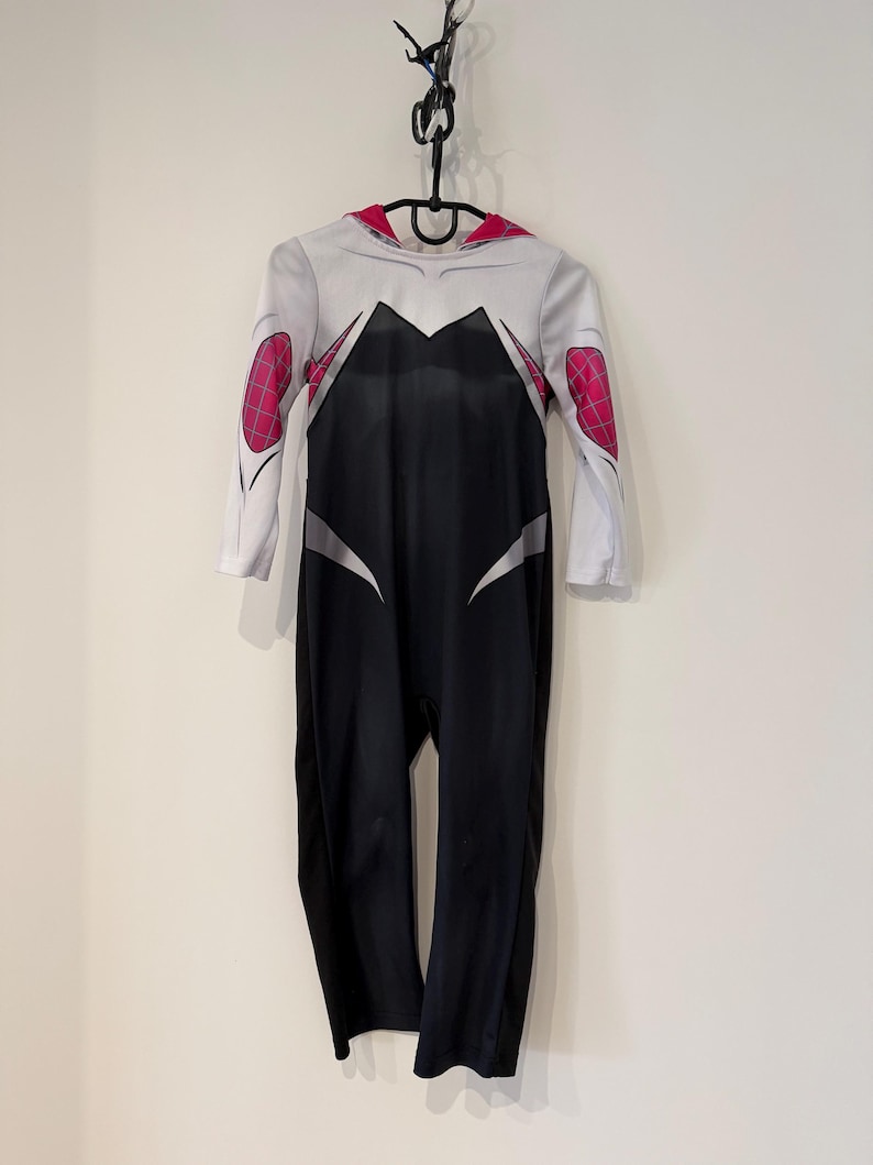 May include: A Spider-Gwen costume, a black and white jumpsuit with pink detailing on the shoulders and hood. The costume has a spiderweb pattern on the shoulders and is hanging on a black hanger.