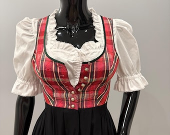 Vintage Red Plaid Dirndl Dress — Satin-Cotton Oktoberfest Outfit (EU 32 / US 2 / XS)