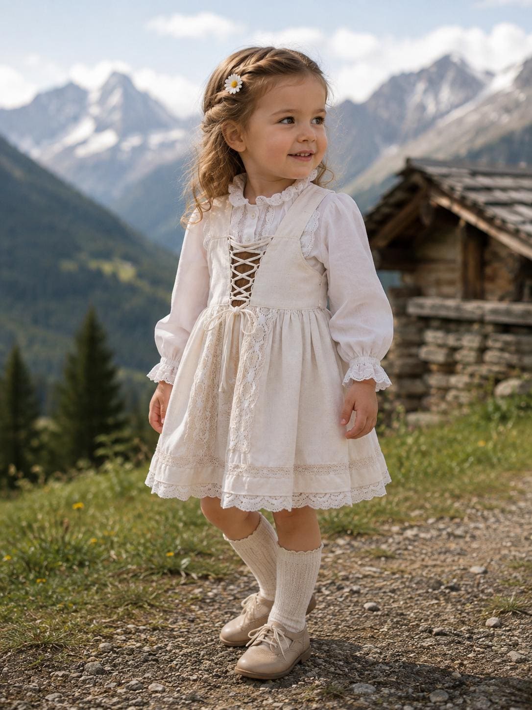 Vintage Kids Trachten Blouse 3-4 Years 98-104 cm - White Cotton Lace Shirt - Oktoberfest Alpine Top - 1980s 1990s Austrian Style
