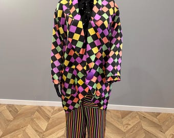 Vintage 70s–80s Harlequin Costume Set – Handmade Colorful Check Jacket & Striped Pants M/L