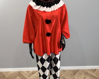 Vintage Clown Harlequin Costume Set: Red Satin Pierrot Outfit, Diamond Pants (S-M)