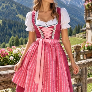 May include: A knee-length dirndl dress featuring a deep magenta bodice with a white lace-trimmed blouse underneath. The bodice has a pink ribbon lace-up front with metal eyelets. A matching magenta skirt with a white floral pattern and a pink apron.