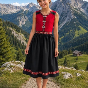 May include: A sleeveless dress featuring a red bodice with a textured pattern and a black skirt. The bodice has a central vertical panel with floral embroidery and silver-toned clasps. A matching embroidered band accents the waist and the hemline.