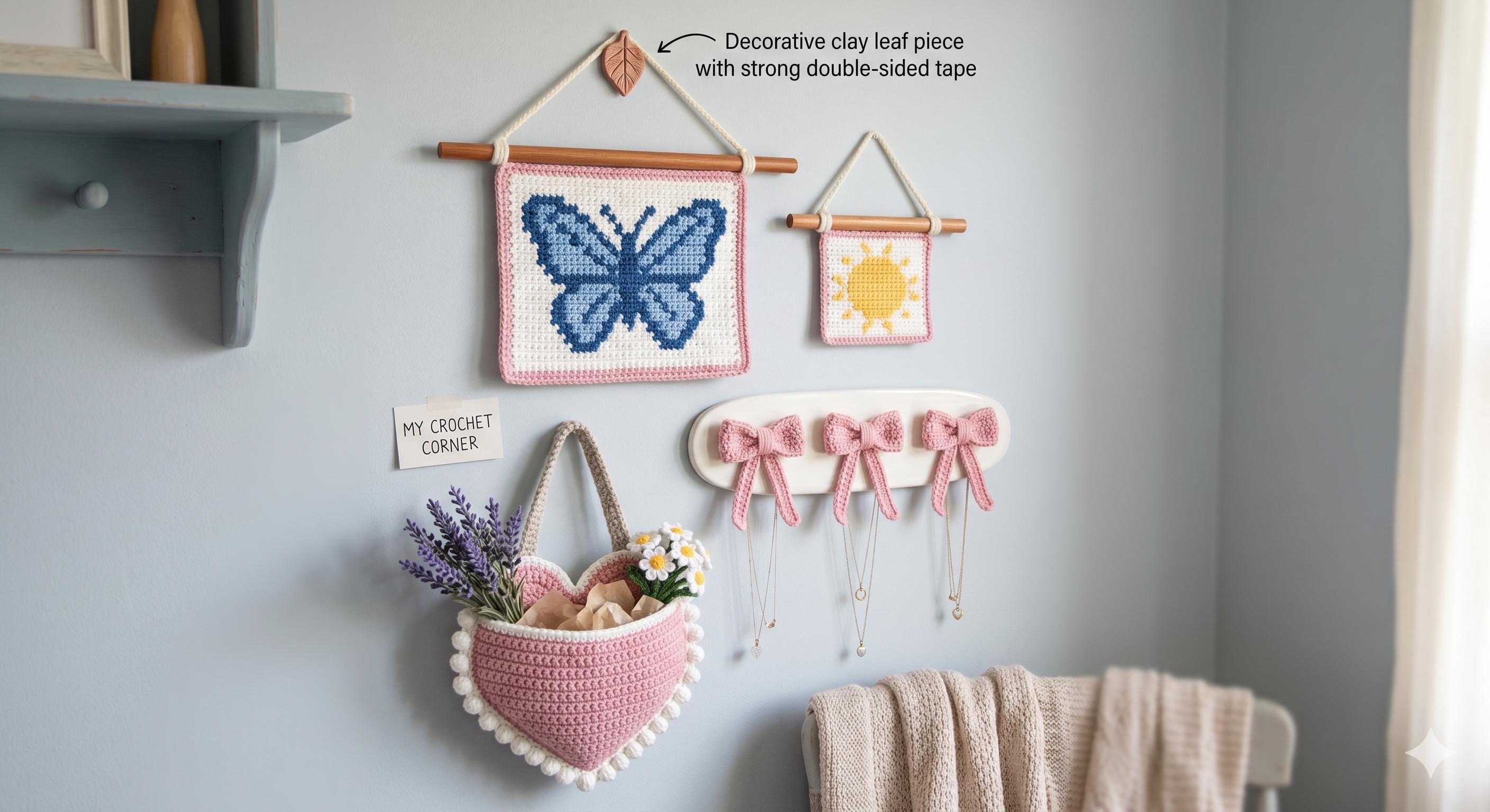 Crochet Wall Decor Pattern Set, Pixel Tapestry, Bow Organizer, Heart ...