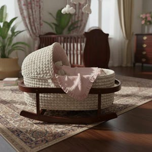 May include: A cream-colored, hand-crocheted baby bassinet with a dark wooden rocking base. Inside, a pink blanket and a small teddy bear rest. The bassinet is set in a nursery with a patterned rug and a crib in the background.