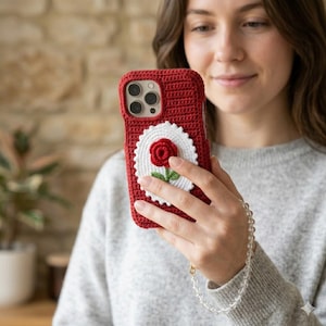 Könnte beinhalten: Rote gehäkelte Handyhülle mit weißem kreisförmigem Design mit roter Rose und grünem Stiel. Die Hülle ist für ein Smartphone konzipiert und hat Öffnungen für Kamera und Tasten. Handgefertigt.