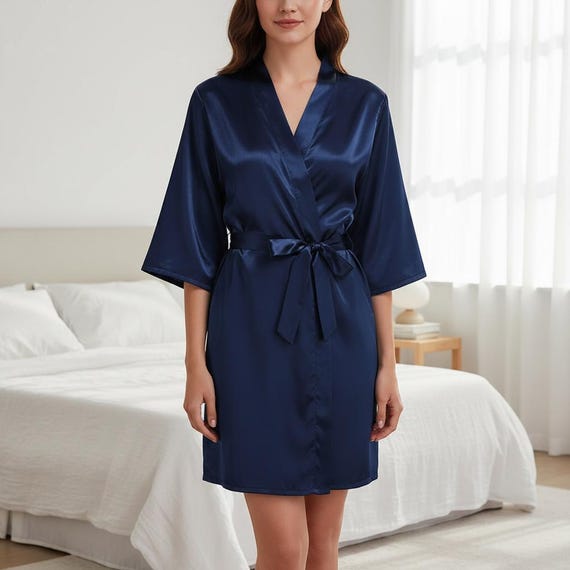 ladies short dressing gown Kimono Sleeve Robe | Navy Blue Satin Loungewear for Women collections_false