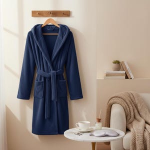 Peut inclure: Un peignoir à capuche bleu marine avec une ceinture et des poches assorties est suspendu à un cintre en bois. Le peignoir est fait d'une matière douce et moelleuse. Une petite table contient une tasse de thé, un masque de sommeil et un diffuseur.