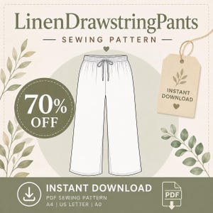 Puede incluir: Un patrón de costura digital para pantalones de lino con cordón, que presenta un dibujo técnico de pantalones de pierna ancha con cintura elástica y lazo. El gráfico incluye el texto LinenDrawstringPants, 70% OFF y INSTANT DOWNLOAD.