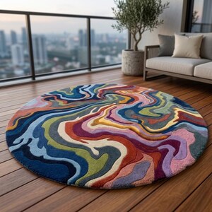 Colorful Abstract Round Hand Tufted Wool Rug, Funky Wavy Swirl Area Rug, Psychedelic Maximalist Decor for Bedroom and Living Room