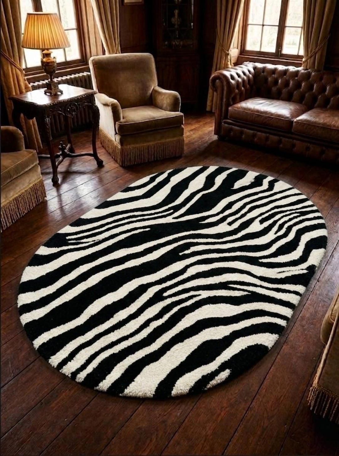 Zebra Print Oval Hand Tufted Wool Rug | Black & White Animal Pattern ...