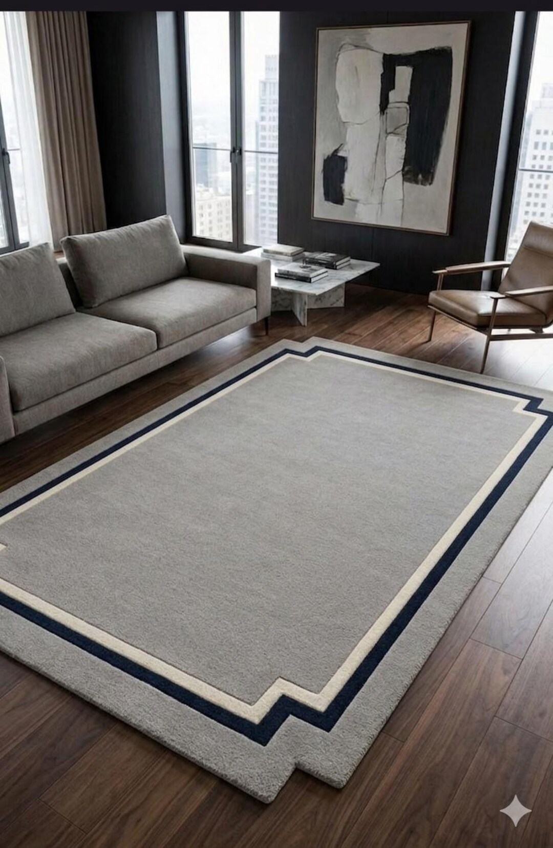 Hand Tufted Wool Rug - Grey & Navy Blue Bordered Geometric Area Carpet ...