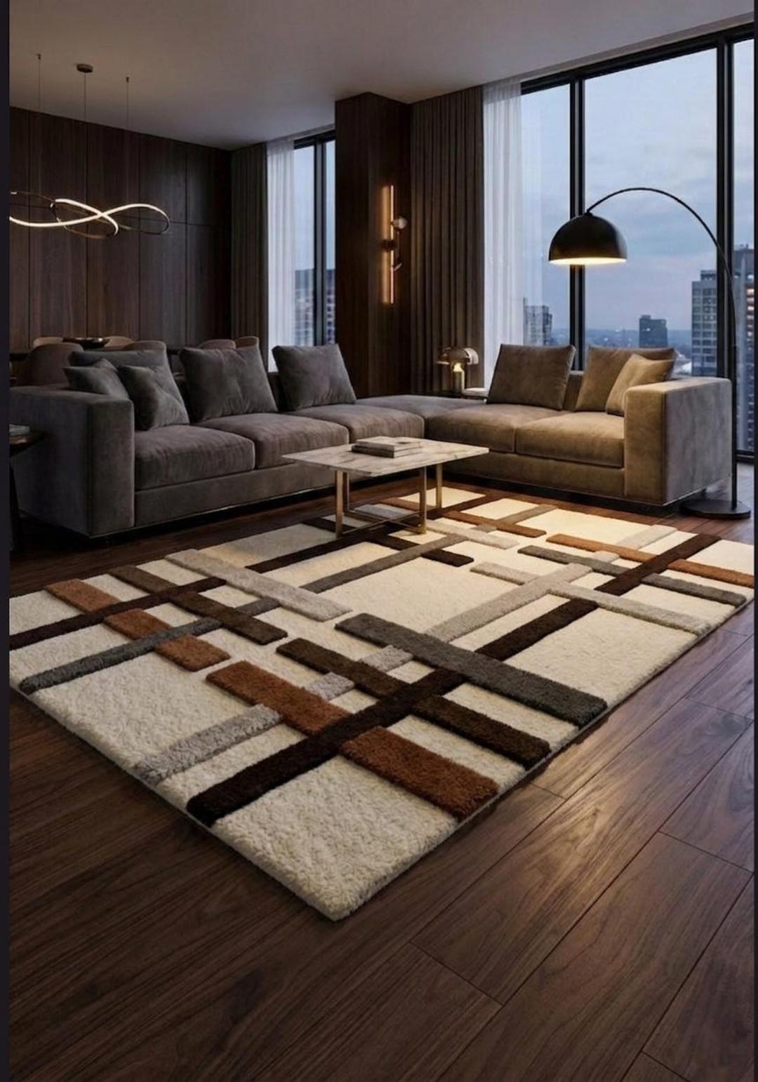 Hand Tufted Wool Rug | Geometric Modern Area Rug | Ivory, Brown, Grey ...