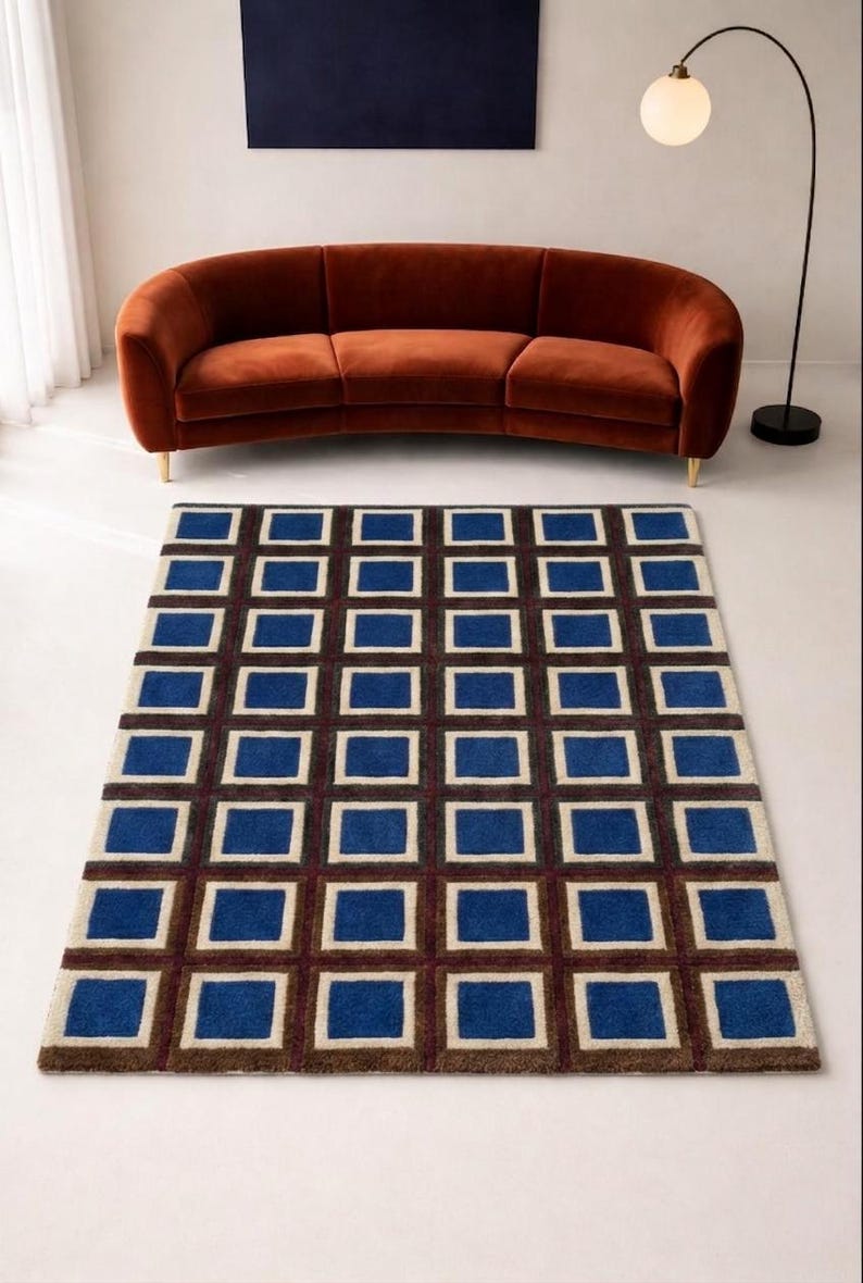 Hand Tufted Wool Rug - Modern Blue Geometric Square Area Carpet, Mid ...