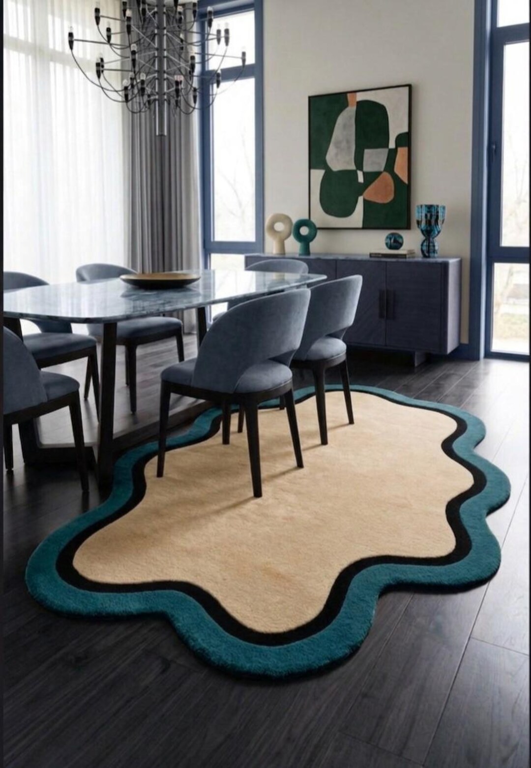 Wavy Edged Rug Hand-tufted Wavy Edged Wool Rug - Mid-century Modern Wiggle Border 100% ...