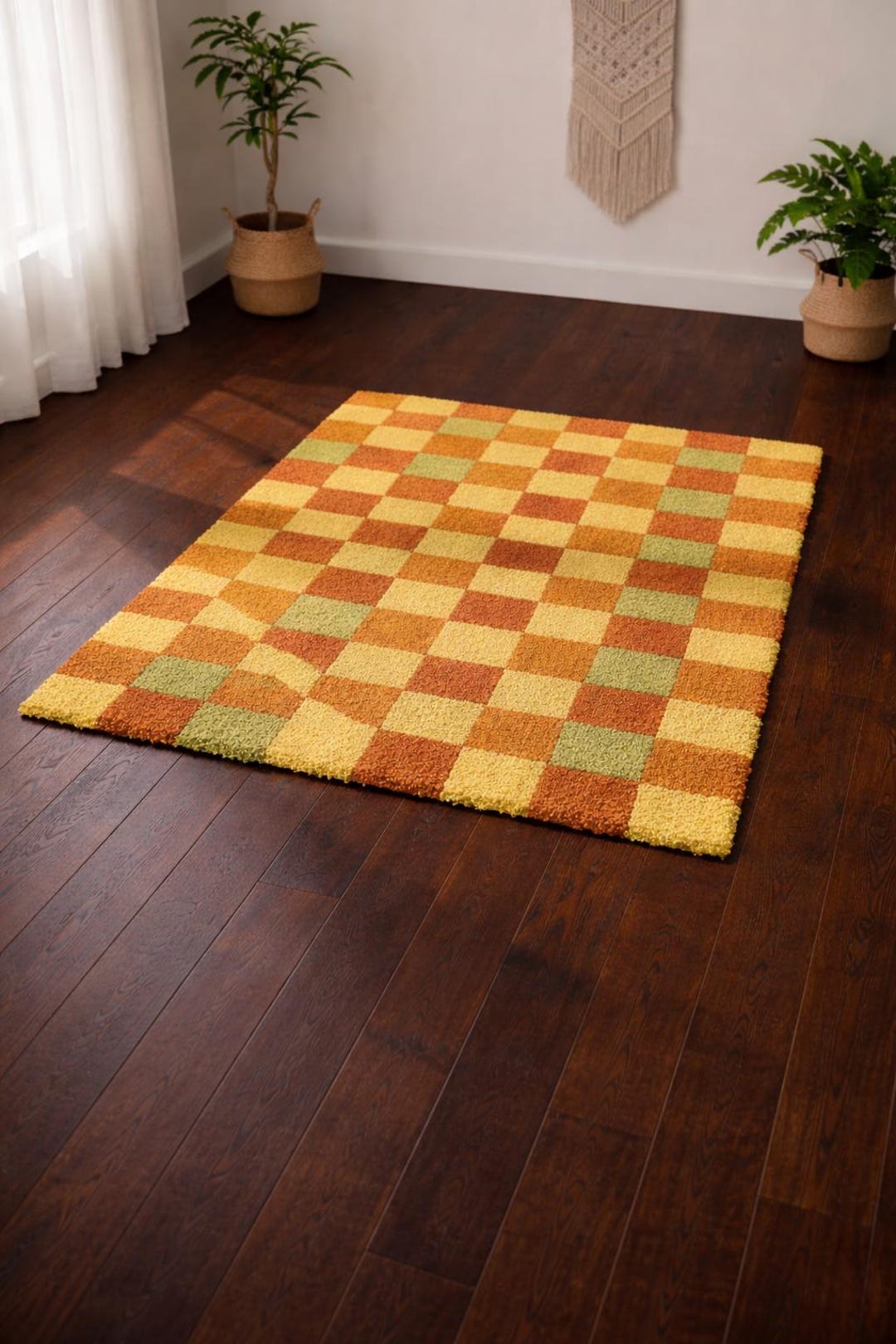 Tufted Check Rug Retro Checkered Hand Tufted Area Rug – Warm Yellow, Rust & Sage Green ...