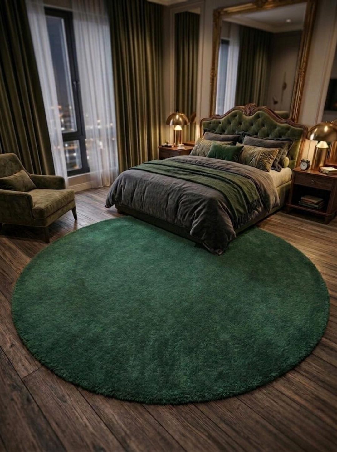 Plush Emerald Green Hand Tufted Round Wool Rug - Solid Color Shag Area ...