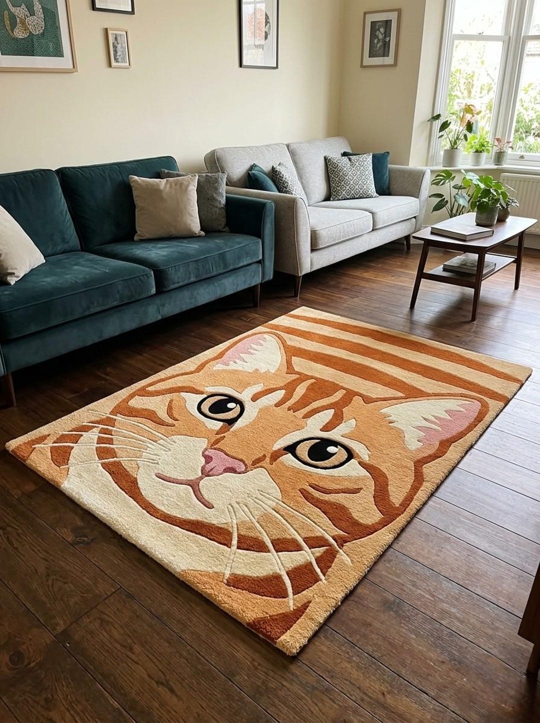 Ginger Tabby Cat Hand Tufted Rug - Orange Cat Area Rug for Bedroom ...