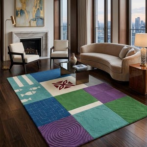 Alfombra de lana tejida a mano con colorido estampado geométrico de patchwork, alfombra grande para sala de estar y dormitorio, lujosa, moderna, abstracta, decoración del hogar.