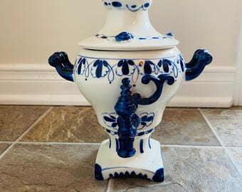 Gzhel Russisch porselein decoratieve samovar handgeschilderd blauw wit kobalt Vintag