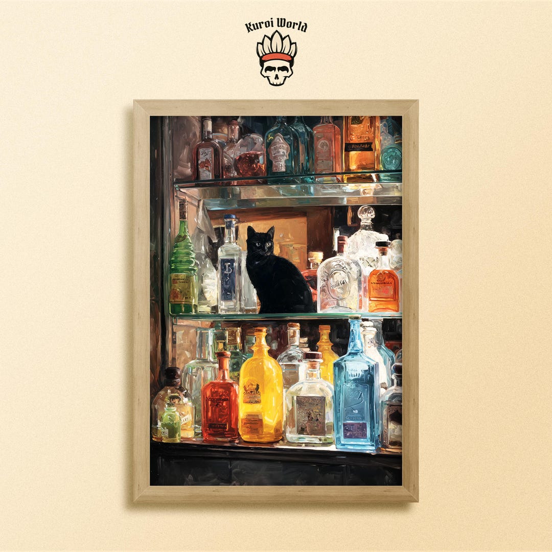 Black Cat Bar Print – Moody Liquor Bottles Wall Art – Speakeasy Decor ...
