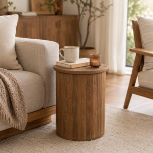 May include: A cylindrical wooden side table with vertical slats, featuring a light brown finish. On top of the table sits a cream-colored ceramic mug and a small amber-colored glass candle holder placed on a closed book with a white cover.