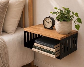 Floating Nightstand, Wall Mounted Bedside Shelf, Wood Top Metal Frame Small Bedroom Organizer