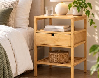 Table de chevet étroite, table de nuit en bambou avec tiroir, étagères de rangement compactes