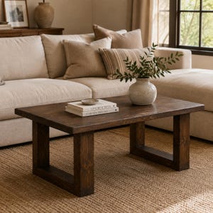 May include: A rectangular dark brown wooden coffee table with thick, U-shaped legs. On the surface sit two stacked books titled Live Beautiful and Wabi Sabi Welcome, along with a small ceramic vase containing green leafy branches.