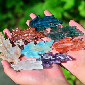 Könnte beinhalten: Eine Sammlung von acht geschnitzten Edelsteinblättern in verschiedenen Farben, darunter tiefblau, waldgrün, gesprenkeltes Rot, durchscheinendes Weiß, helles Türkis, Orangerot und Violett, jeweils mit detaillierten Blattadern und gezackten Rändern.