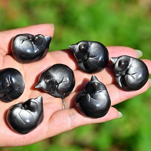 May include: Seven small, polished black obsidian carvings shaped like sleeping cats. Each figurine features a smooth, reflective surface with subtle silver-toned sheen highlights, depicting a curled feline form with ears and tail tucked in.