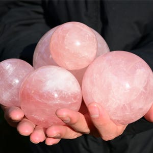 Puede incluir: Un conjunto de cinco esferas de cuarzo rosa pulido de tamaños variados. Cada esfera presenta una superficie lisa, translúcida y de color rosa pálido con estructuras cristalinas internas naturales y fracturas visibles en las piedras.