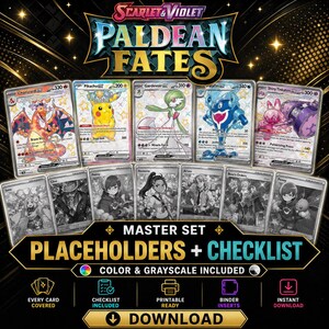 May include: A collection of Scarlet and Violet Paldean Fates trading cards featuring five color cards including Charizard, Pikachu, Gardevoir, Palafin, and Tinkaton, alongside seven grayscale trainer cards, with text labels for master set and checklist.