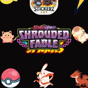 Könnte beinhalten: Eine Sammlung farbenfroher Aufkleber mit verschiedenen Cartoon-Charakteren und Logos. Enthält einen Drachen, einen Blitz, einen rosa-weißen Ball und den Text "Scarlet & Violet Shrouded Fable". Die Aufkleber sind vor schwarzem Hintergrund angeordnet.