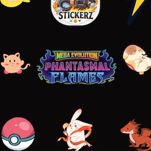 Puede incluir: Una colección de pegatinas coloridas con personajes de dibujos animados, un dragón, un rayo y los textos "MEGA EVOLUTION PHANTASMAL FLAMES" y "MYTHIC STICKERZ". Fondo negro.