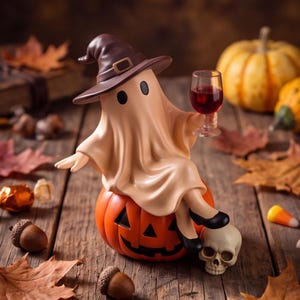 Figurka ducha na Halloween, dekoracja dyniowa z duchem czarownicy, upiorny prezent dla miłośnika wina, słodka dekoracja półki na Halloween