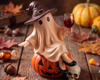 Statuetta fantasma di Halloween, decorazione zucca fantasma strega, regalo spettrale per amanti del vino, graziosa decorazione per mensole di Halloween