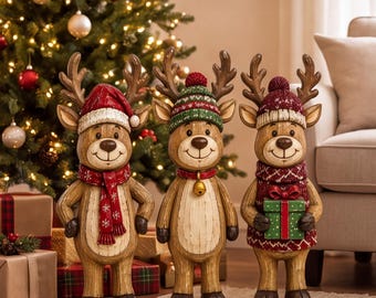Christmas Reindeer Figurines, Wooden Holiday Shelf Decor, Whimsical Reindeer Set, Festive Christmas Table Decor, Hostess Gift
