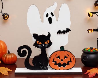 木製ハロウィン卓上装飾、黒猫ゴーストパンプキン棚ディスプレイ、ジャック・オー・ランタン装飾、かわいい不気味なホームアクセント
