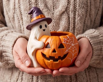 Halloween Ghost Pumpkin Holder, Witch Hat Jack O Lantern Decor, Cute Spooky Fall Tabletop Decoration, Halloween Home Gift
