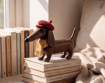 Vintage Dachshund Figurine with Beret and Scarf, Cute Sausage Dog Statue, Rustic Bookshelf Decor, Whimsical Gift for Dachshund Lovers