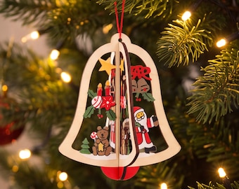 Wooden Christmas Ornament, 3D Christmas Tree Decoration, Handmade Layered Wood Hanging Ornament, Santa Snowman Star Holiday Gift
