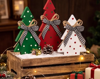 Decorazione natalizia in legno per albero, statuetta rustica per le feste, accento natalizio in stile fattoria con fiocco a quadretti, decorazione per caminetto, mensola o tavolo, idea regalo.