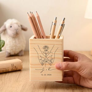Minimal Line Art Hands Rose Personalized Wood Pen Cup, Engraved Couple Initial Desk Storage Caddy