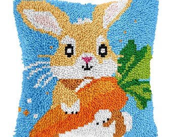 Latch Hook Kit Rabbit Hugging a Carrot Pattern Pillowcase Diy Crochet  kits Latch pillow Easter gifts for  16.9x16.9 inch