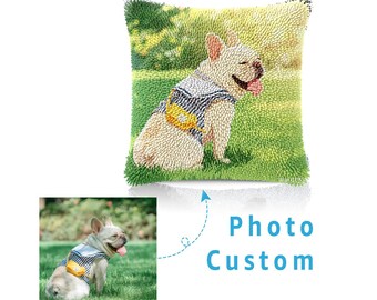 Custom pet photo chain embroidery pillow cover DIY kit-personalized design, handmade chain embroidery craft; gift for family.