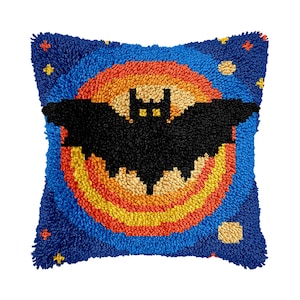 Halloween Bat Pattern Latch Hook DIY Cushion Cover Kit – Gift for Kids & Wall Hanging (Size: 16.9 x 16.9 inches)