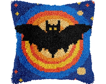 Halloween Bat Pattern Latch Hook DIY Cushion Cover Kit – Gift for Kids & Wall Hanging (Size: 16.9 x 16.9 inches)