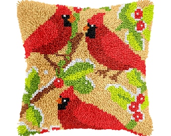 Robin on Tree Latch Hook Cushion Cover DIY Kit – Mother's Day Gift (Size: 16.9 x 16.9 inches)