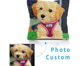 Custom Photo Dog Photos Latch Hook Pillow Kits,DIY Latch Pillow Case Kits,Private Custom, A Gift for Grandmother 16.9x16.9 in